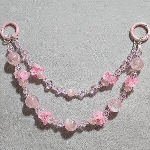 Pink Beaded Double Chain Purse Charm/ Phone Bracelet with Flower Accents